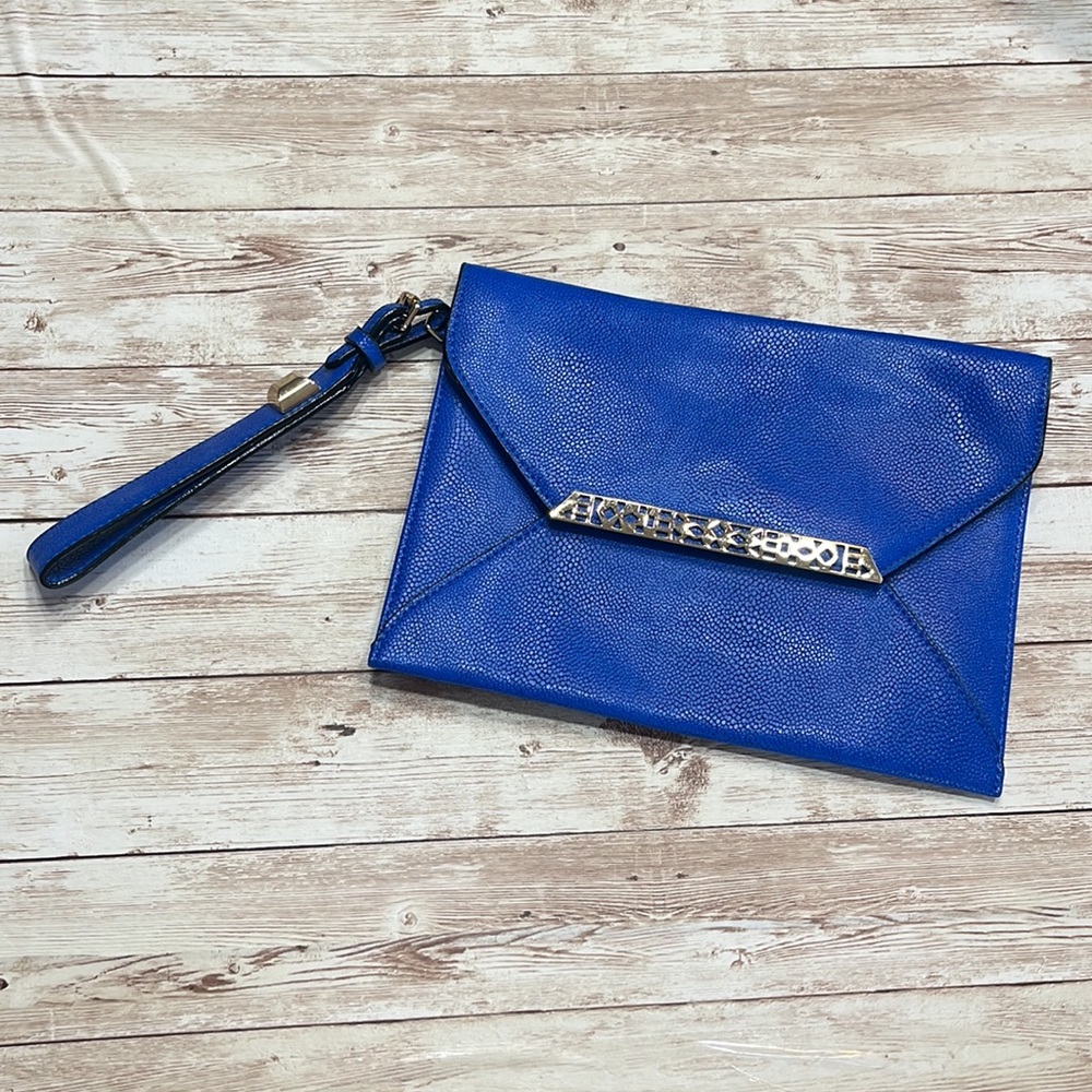 Stella & Dot Blue Leather Clutch with Gold Accents
